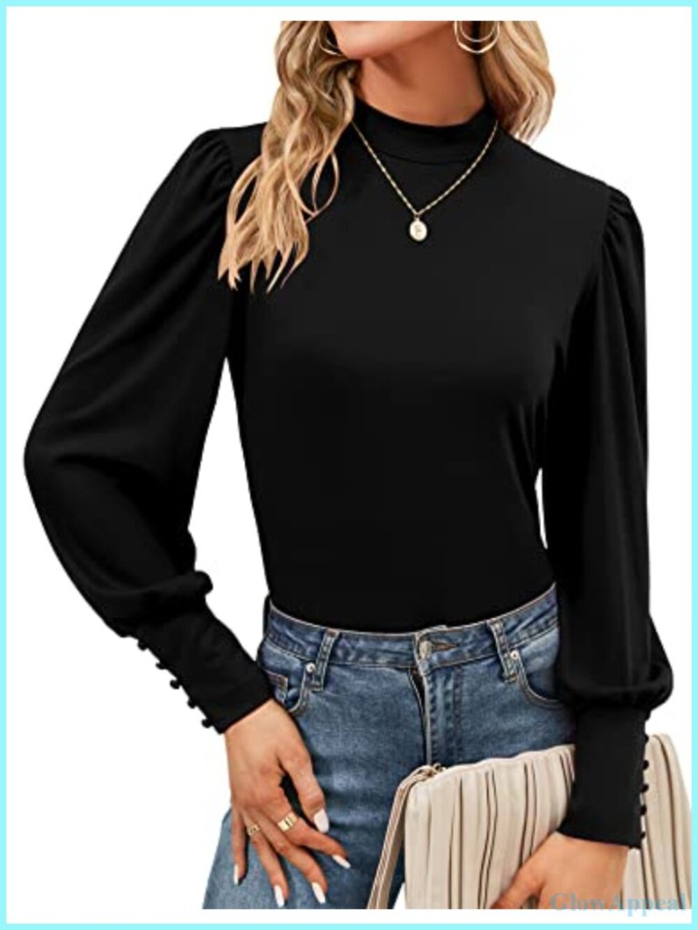 Women's Mock Neck Puff Sleeve Long Sleeve Blouse Tunic Top